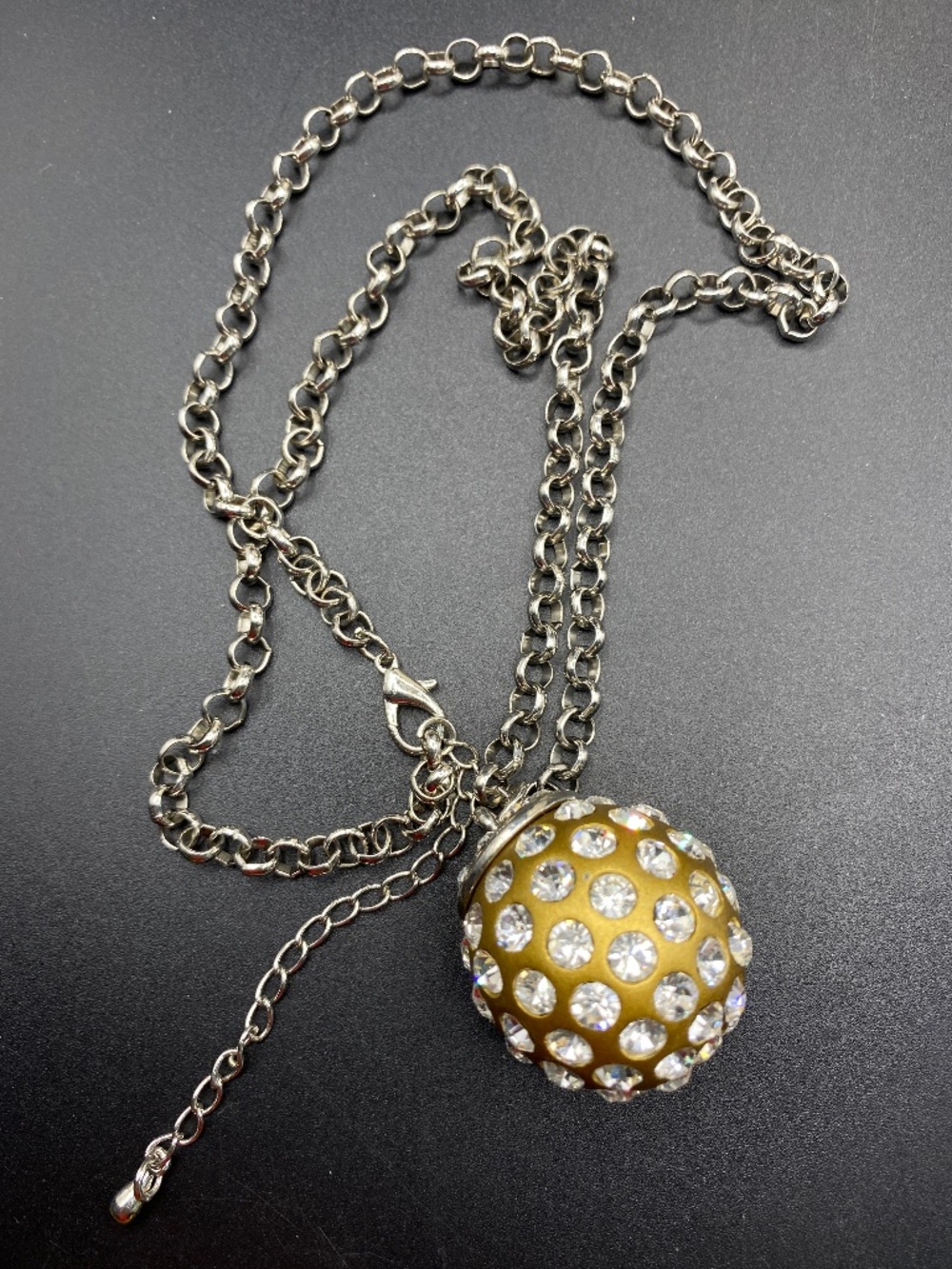 Gold Disco Ball With Rhinestones Pendant Silver Tone Chain Necklace - Picture 3 of 10